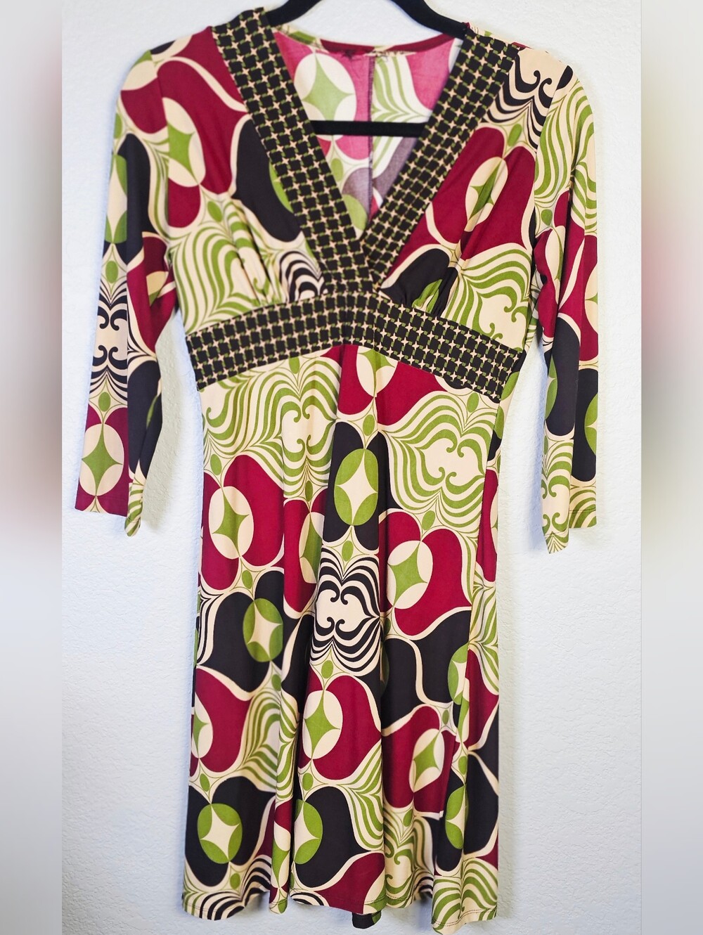 Retro Mod Geometric Print Empire Waist Stretch Dress S